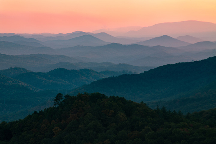 Sunrise and layered mountains in Smoky Mountains National Park