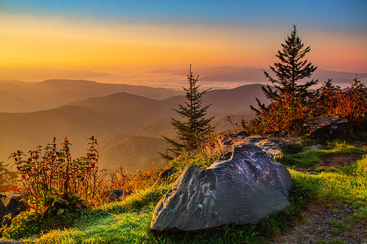 Colorful sunrise at Clingmans Dome in Smoky Mountains National Park